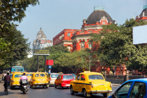 A busy road with yellow taxis